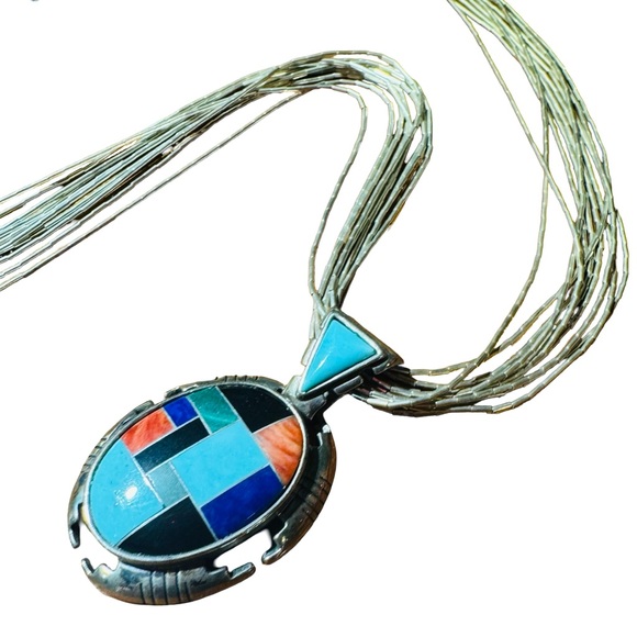 Signed Vtg Carolyn Pollack Southwestern 925 Sterling Turquoise Mosaic Necklace - Picture 15 of 16